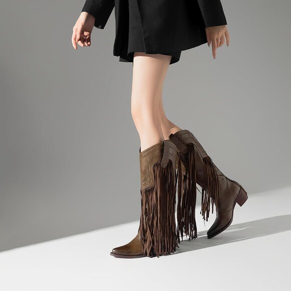 Women's Fashion Pointed Toe Chunky Pull On Knee High Heel Embroidered Brown Boot - Picture 8 of 8